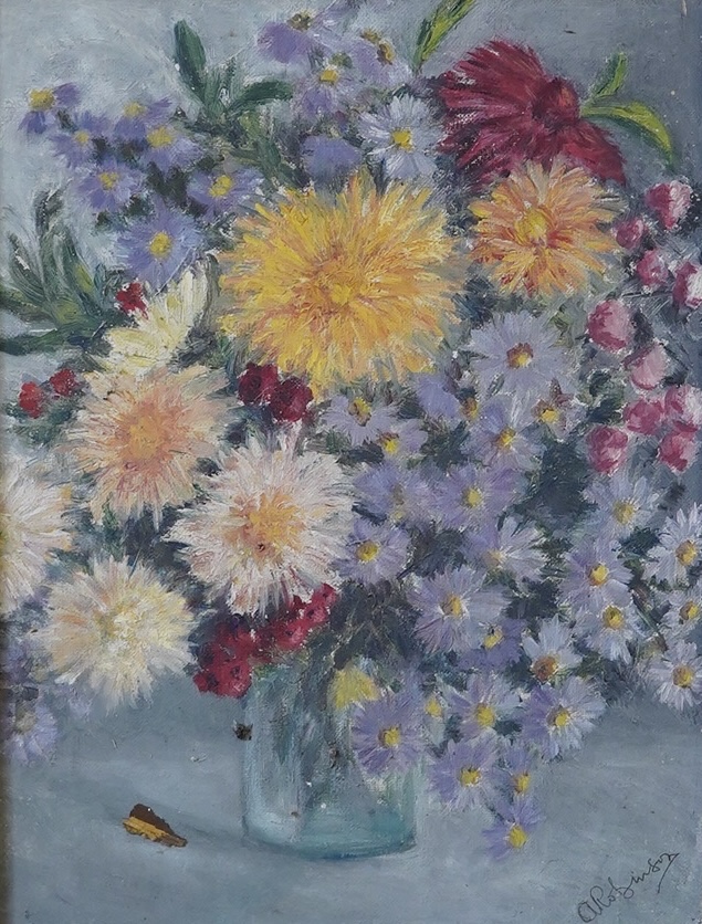 A. Robinson, oil on canvas, Still life of flowers in a glass vase, signed, 34 x 26cm, ornately framed. Condition - fair to good